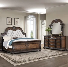 Traditional 3pc Coffee Brown King Size Bed Dresser Mirror Set Luxury Furniture