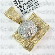 10K Yellow White Two Gold Natural Diamond Pendant Basketball Sport .50 3D Pave