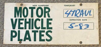 New Hampshire 1983 TEMPORARY CARDBOARD License Plate | eBay