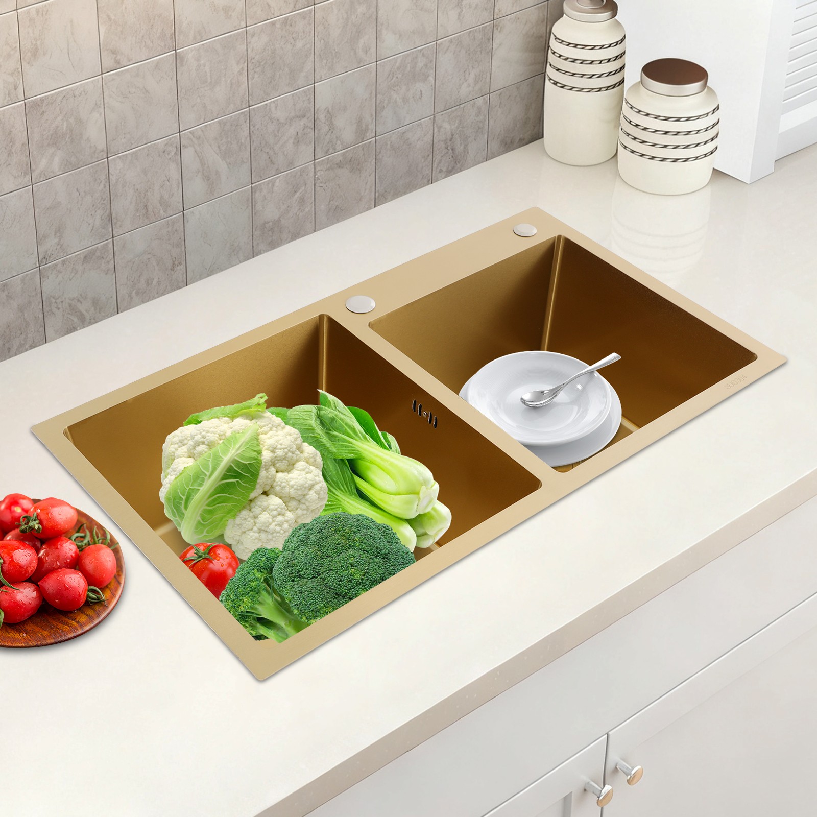 Undermount Workstation Kitchen Sink Double Bowl Stainless Steel Sink Gold