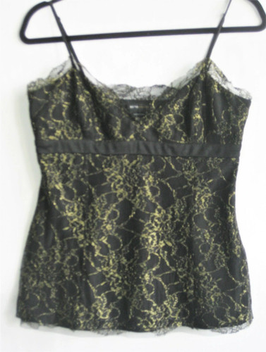 BCBG Max Azria Babydoll Tirantes Negro Top Dorado Encaje Metálico M Hada Gótico Vacaciones - Imagen 3 de 7