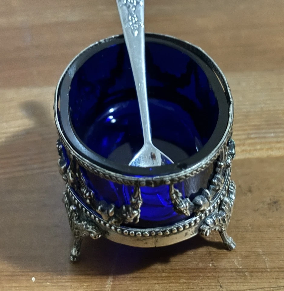 Antique Salt Cellar German Sterling Silver Footed Blue Cobalt Glass With Spoon - Image 3 of 4
