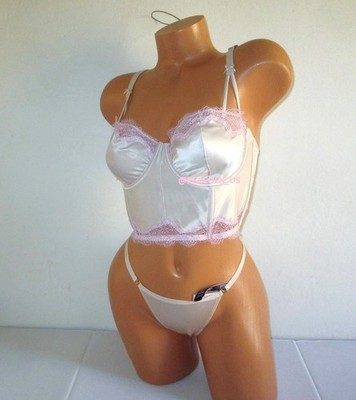 Victoria's Secret 32D/M Satin Unlined Longline Bra Set V-String Panty Ivory