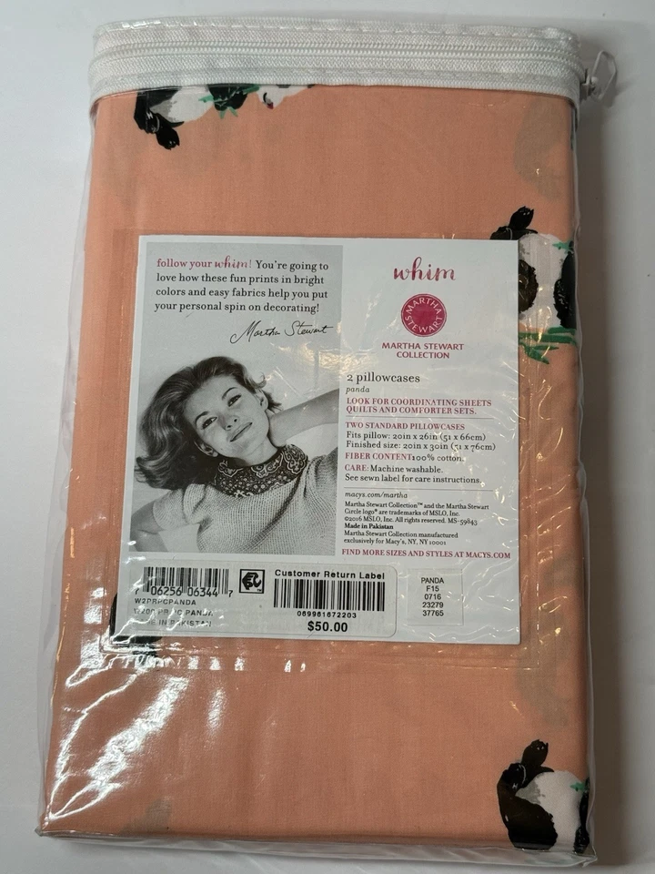 Nuevo Whim By Martha Stewart Panda 100% Algodón Melocotón 2 Fundas de Almohada Estándar Foto 2 de 3