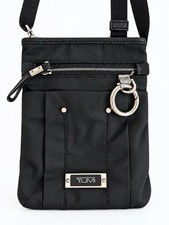 TUMI Black Nylon Crossbody Shoulder Bag Leather Trim Silver Hardware