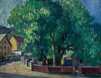 Bedrich Holacek (Czech) -Vintage Village Street Scene w/ Horse-Chestnut Tree