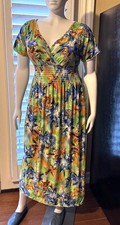 Summer Dress- Cap Sleeve Maxi Dress - Green with Blue & Brown Flowers