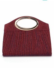 Ladies wine red Rhinestone And Glitter Pleated Evening Clutch Bag Chain Strap