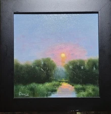 Moon Light on the Marsh, original oil painting, framed, 8"x8".