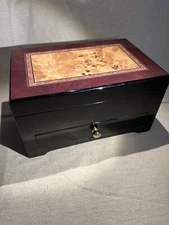 Wood Lacquer Jewelry Box With Blonde Burl Wood Inlay Top And Intricate Border