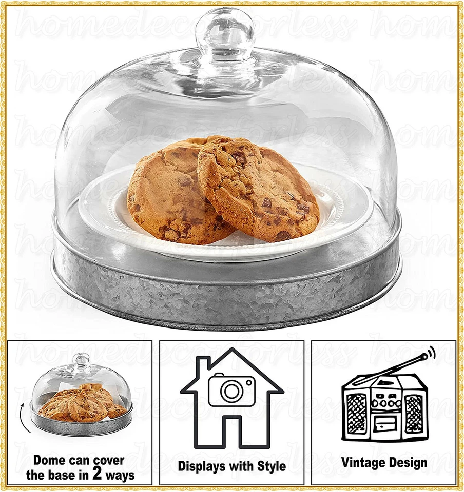 Farmhouse Cloche Glass Dome w Galvanized Base Serving Tray Cheese Cookies Cake - Image 3 of 4