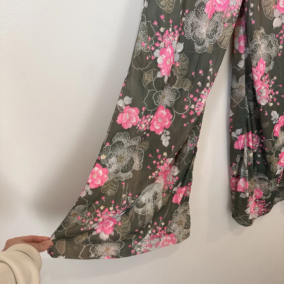 Pantalones de cintura elástica con parte inferior de campana de gasa vintage estampado floral para mujer XS/S Foto 2 de 4