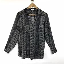 Anthropologie Pleione Blouse Womens L Black Gray Snake Print Long Sleeve Career