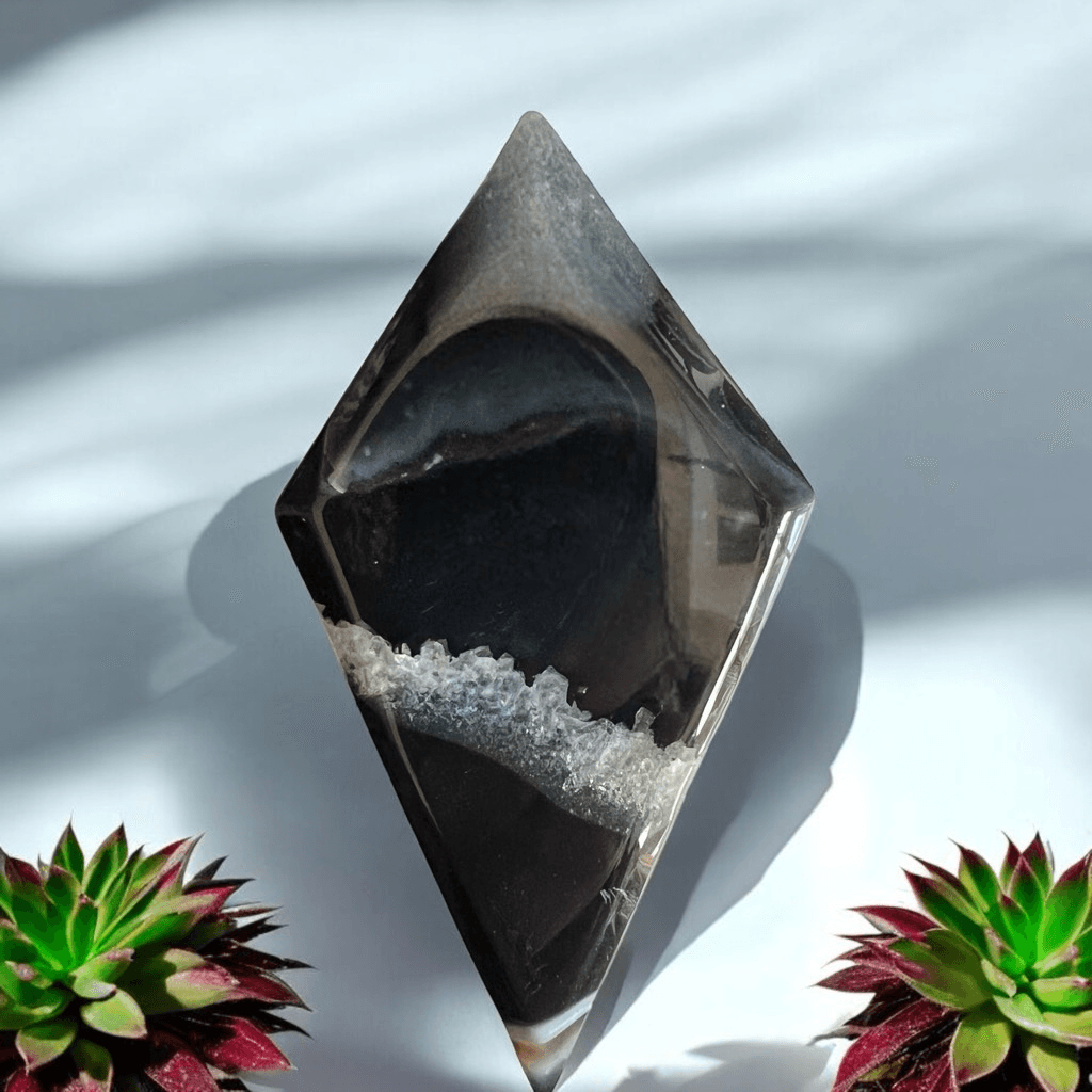Black Agate Crystal Rhombus Diamond Shape Set of 4