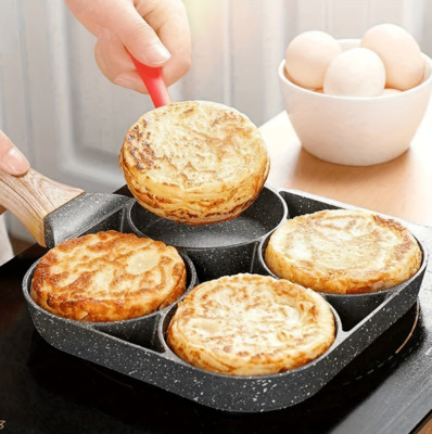 For Family 4 Holes Egg Fry Pan Pancake Maker Non-stick Egg Burger Pan W/Handle