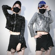Women Sequin Baseball Jacket Coats Short Zipper Long Sleeve Dancewear Shiny