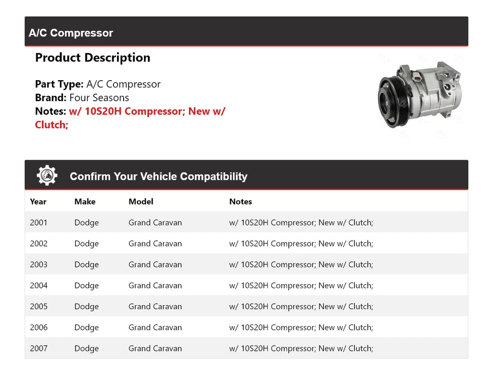 Compresor de aire acondicionado para Dodge Grand Caravan 2001-2007 4 estaciones 2002 2003 2004 2005 Foto 2 de 4