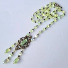 Vaseline Uranium Glass Necklace 22'' Vintage Czech Glass Beads Art Deco Style