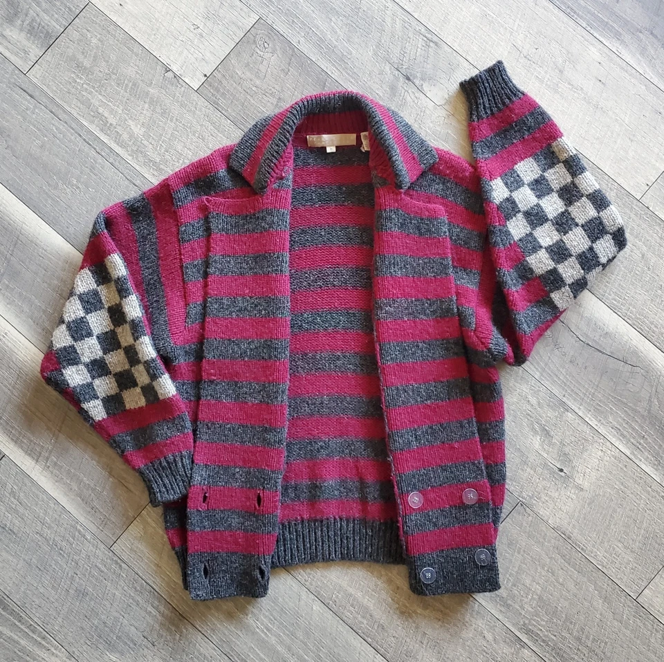 Vintage Perry Ellis Wool Thick Cardigan Striped Checkered Elbow Burgundy Gray M - Image 2 of 4