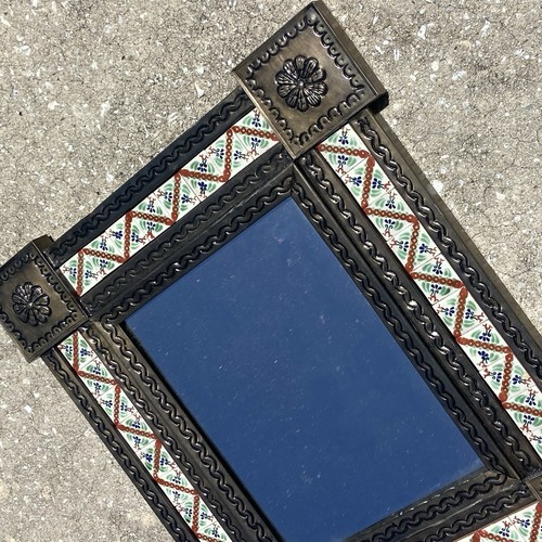 Punched Tin Mirror Beautiful Hanging Talavera Tile Mexican Folk Art 20 X 17