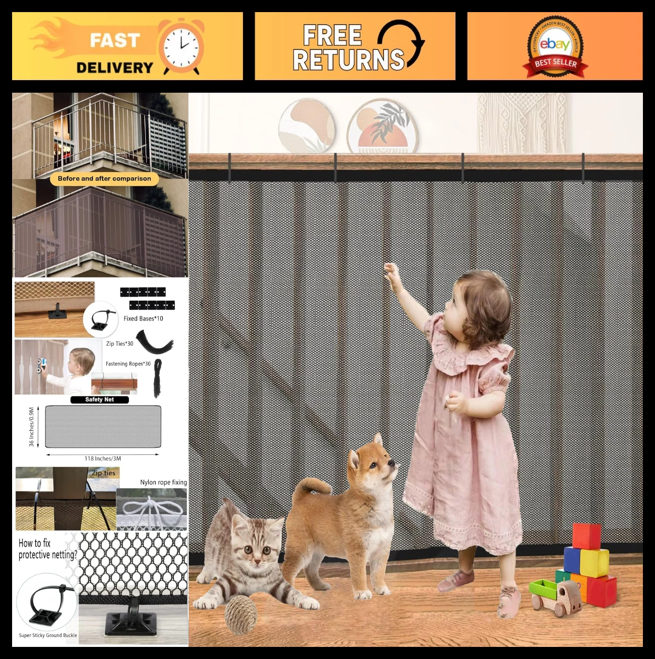 Child Safety Net for Balcony - 10ft x 3ft Mesh Guard for Kids & Pets, Black