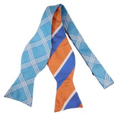 Brooks Brothers Silk Bow Tie Blue Orange Stripe Plaid Self Tie Reversible NEW