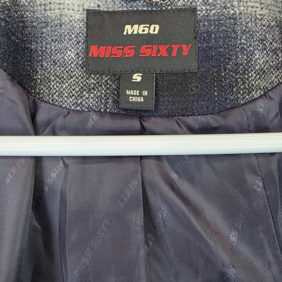 Abrigo para mujer Miss Sixty S azul negro mezcla de lana a cuadros con cinturón doble pecho Foto 4 de 4