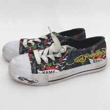 Ed Hardy Kids Canvas Sneakers Tattoo Print Lace Up Shoes Youth Size 1, Y2K