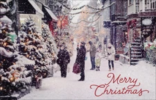 People on City Street with Falling Snow Box of 12 Christmas Cards