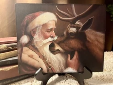 Santa Claus with Reindeer, Christmas (Without Snow) Handcrafted Plaque / Sign