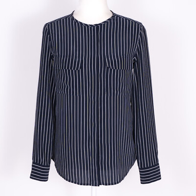 Equipment Femme Navy Striped Silk Button Up Long Sleeve Blouse - SZ XS