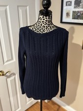 L.L. BEAN 100 Cotton Cable Texture Blue Sweater Women's Medium Fisherman B2