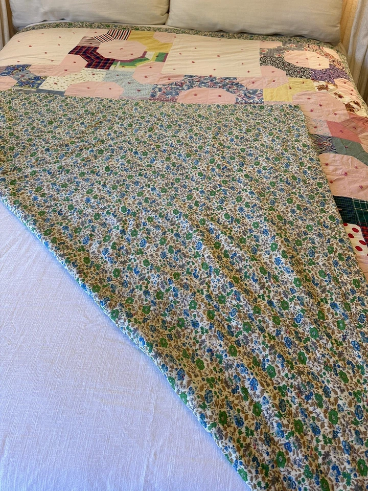 Vtg Handmade Patchwork Bow Tie Quilt Tied 64x80 Cottage Farmhouse Shabby 1930’s - Image 4 of 4