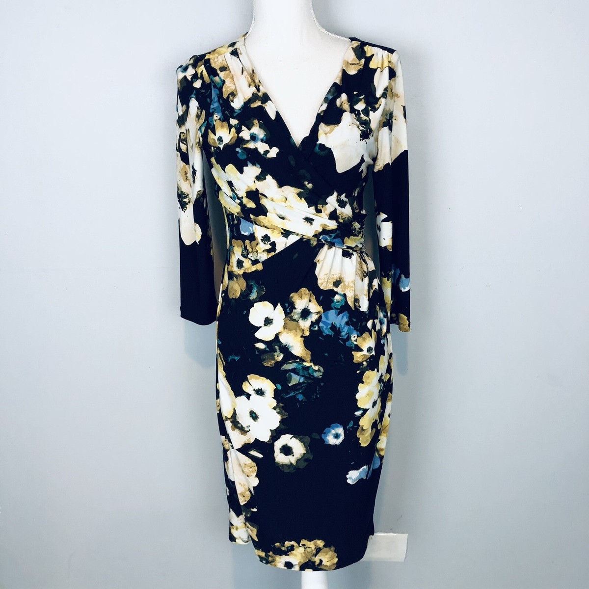 Lauren Ralph Lauren Black Yellow multi Floral Ruched Faux