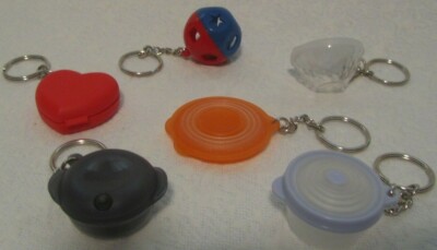 6 NEW TUPPERWARE Keychains-HeatNServe/FlatOut/Ice Prisms/Stuffables/ShapeO/Heart