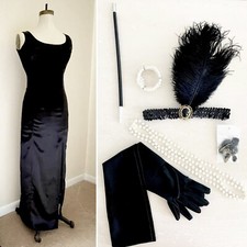 Roaring 1920 Custom Made Black Flapper Dress Gown Costume Head Accessories XS/S