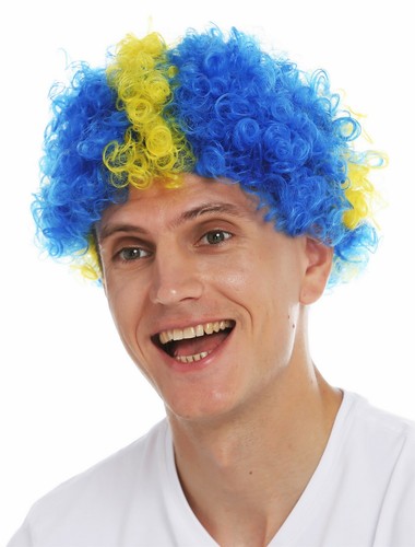 Parrucca Carnevale Afro Parrucca Tifoso Calcio Mondiali Croce Gialla su Blu Svezia - Foto 4 di 4