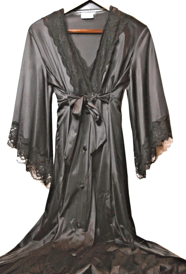 Vestido de Noche Gótico Vintage JC Penny Largo Negro Satinado Chemise Bata Mangas Campana M Foto 4 de 4