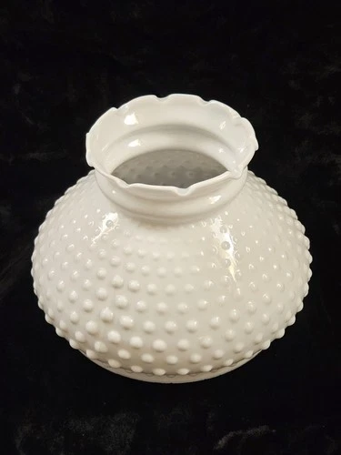 Vintage White Milk Glass Hobnail Ruffled Top Hurricane Oil Lamp Shade 7'' Fitter