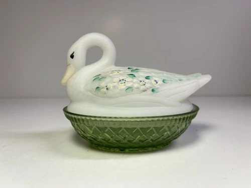 Fenton Art Glass ~ Swan on Green Basket ~ Hand Painted by B. Huggins