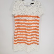 BCBGMAXAZRIA Lace Striped Mini Dress Womens Large White Orange Short Sleeve BCBG