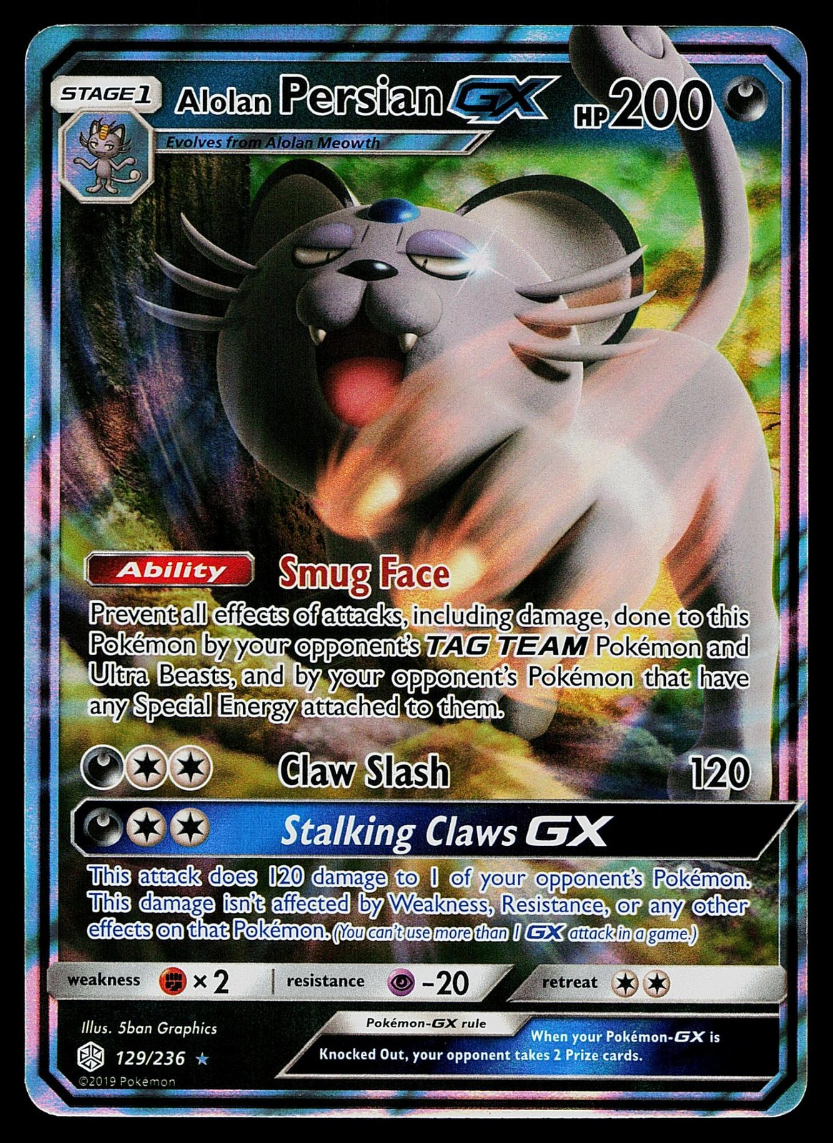 Pokemon Card Cosmic Eclipse Alolan Persian GX 129/236 Rare GX Holo