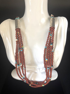 Vintage Southwestern Sterling Silver Red Stone Turquoise Shell Necklace 99.5 g