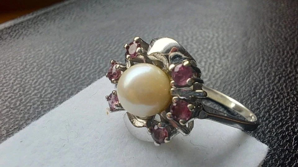 Damenring massiv Gold-Perle + 6 Edelsteine Saphire 0,36 Ct - Bild 3 von 4