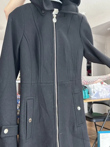 Cappotto donna MICHAEL KORS zip cappuccio rimovibile lana nero foderato zip oro XXS