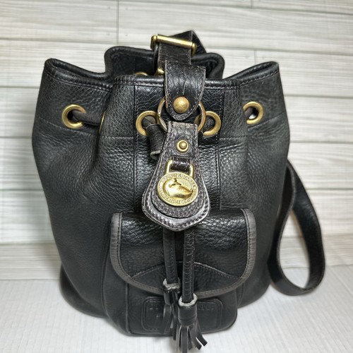 Vintage Dooney & Bourke Black Drawstring Bucket Bag Tassel Brass ...