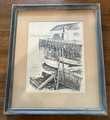 Vtg Pencil / Ink Drawing Signed J Poole Ocean Harbor Boats Pier Framed 17x20