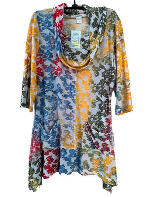 NWT FERATELLI S Knit Tunic Top Blouse Shirt White Multi-Color Pockets Texture