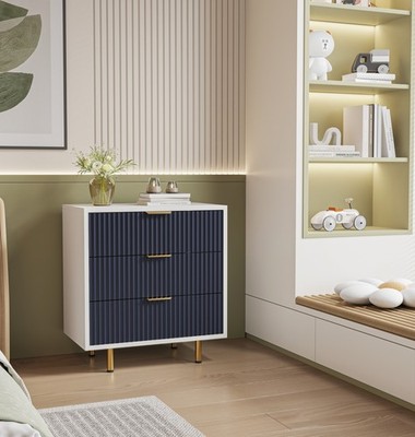 3 Drawer Dresser Nightstand Fluted Design White Navy Blue Bedroom Organizer | eBay 3 Drawer Dresser Nightstand Fluted Design White Navy Blue Bedroom Organizer | eBay