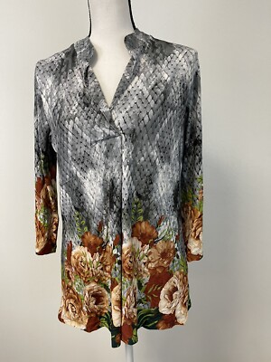 Bimy Blouse Womens Medium Floral Gray Shirt Button up Top N197